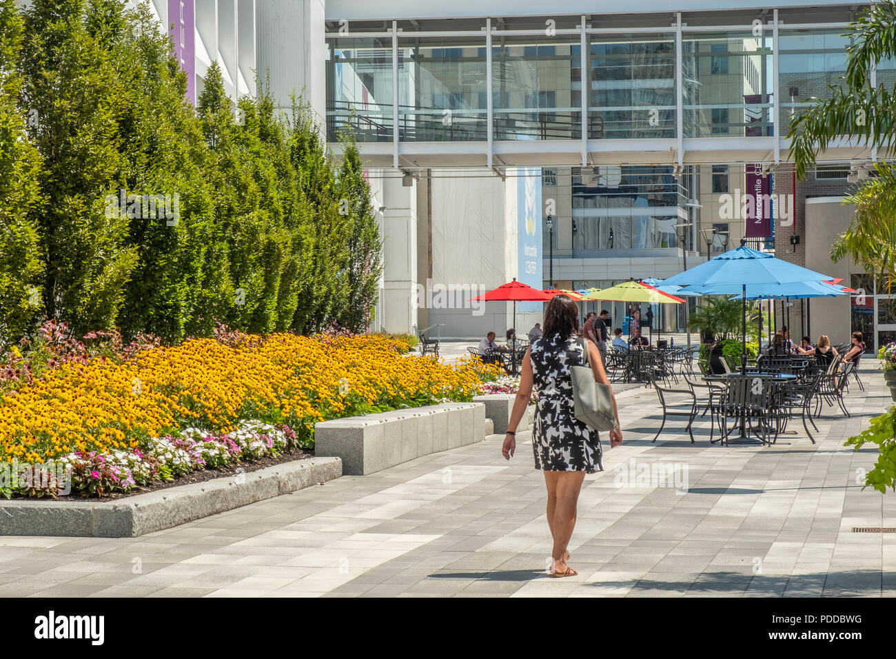 Femme marche sur le patio extérieur au centre de Worcester (Massachusetts) Banque D'Images