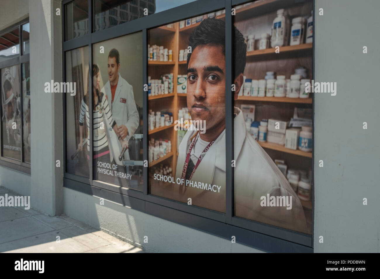Une photographie d'élèves dans une fenêtre de la Massachusetts College of Pharmacy à Worcester, MA Banque D'Images
