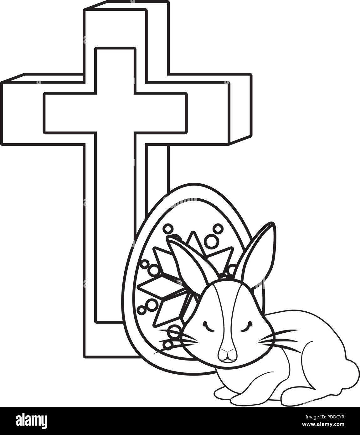 Joyeuses Pâques avec croix religieuse avec mignon lapin et oeufs de pâques sur fond blanc, vector illustration Illustration de Vecteur