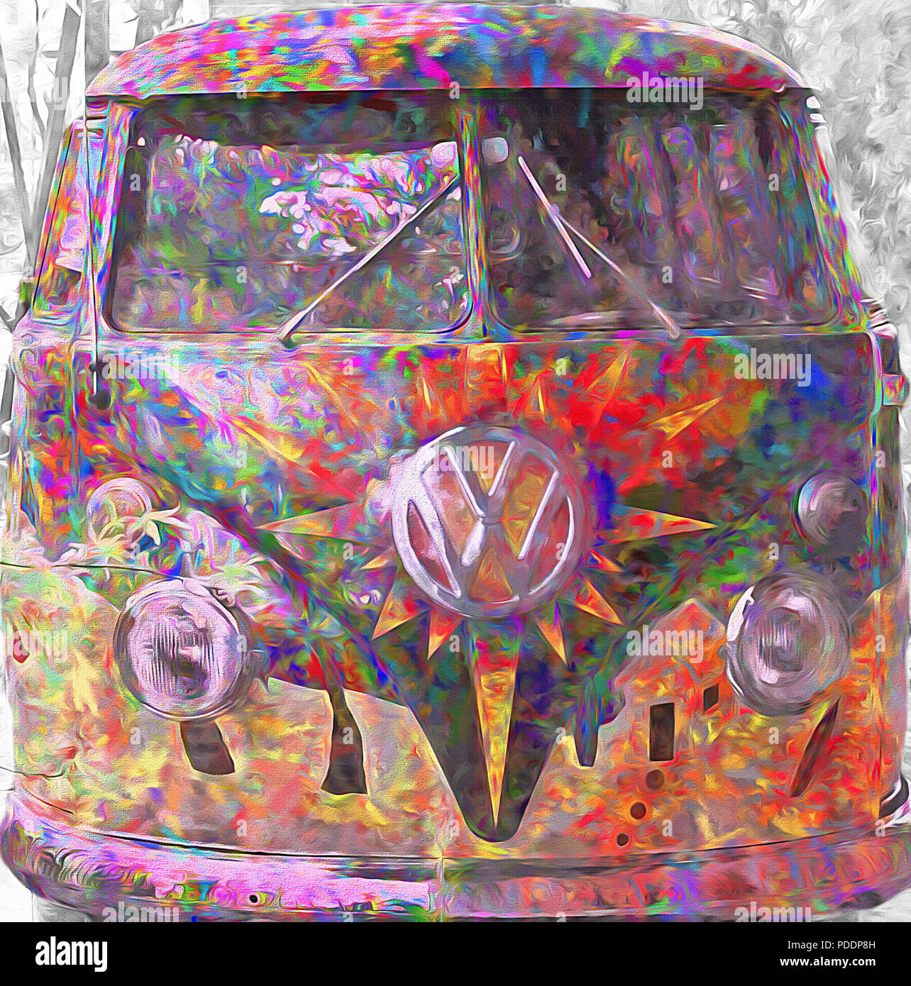 Un bus VW est peint dans un style 'groovy' et s'est garé comme un habillage en face de l'un des manèges des parcs au Lagoon Amusement Park dans le nord de l'Utah. E Banque D'Images