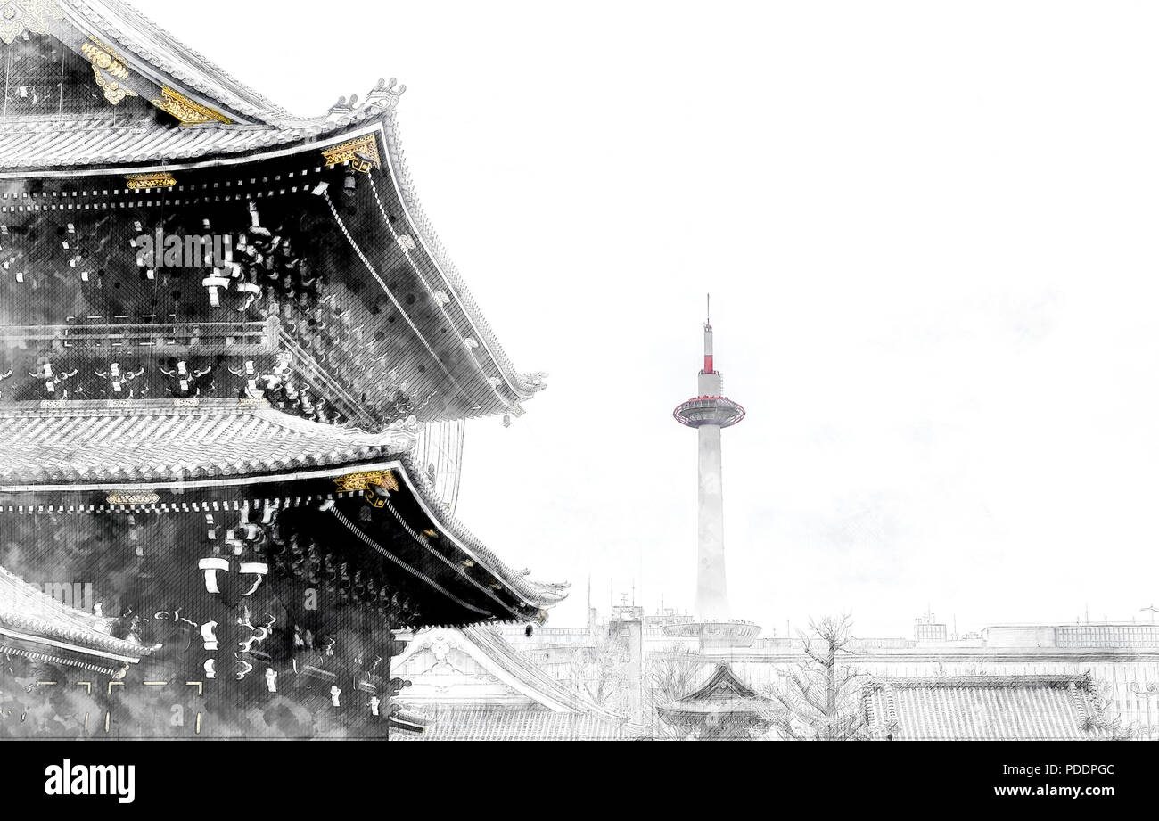 La culture de l'Asie - Le concept du patrimoine traditionnel, célèbre temple Hongan-ji avec toit doré avec tour de Kyoto en gris ciel du matin au Japon. Dessiner à main Mix Banque D'Images