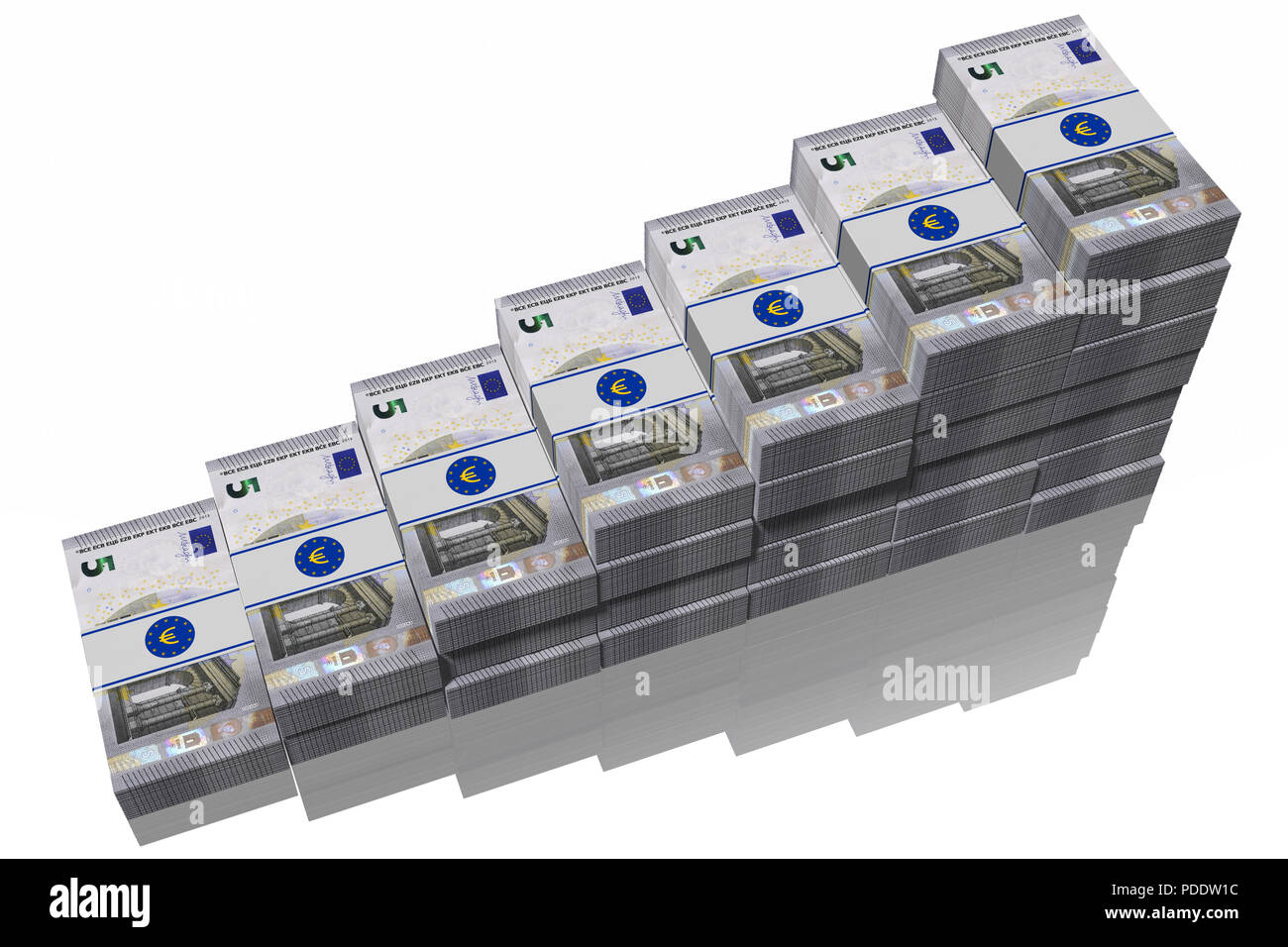 3D illustration. Cinq euros. croissant des tas de billets sur fond blanc. Banque D'Images