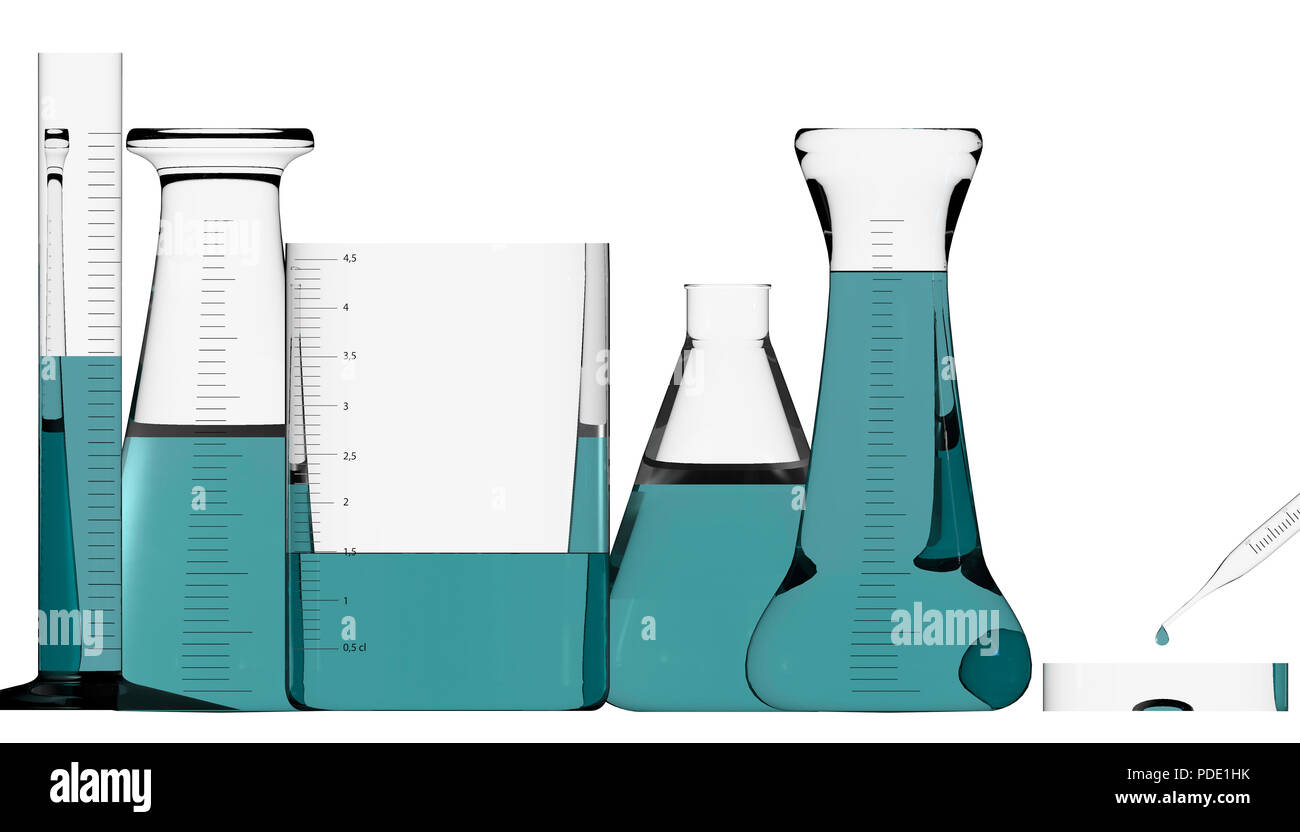 Laboratoire de chimie, l'étude et l'analyse, la biologie. Les contenants de liquides, des essais et des études. Le rendu 3D Banque D'Images
