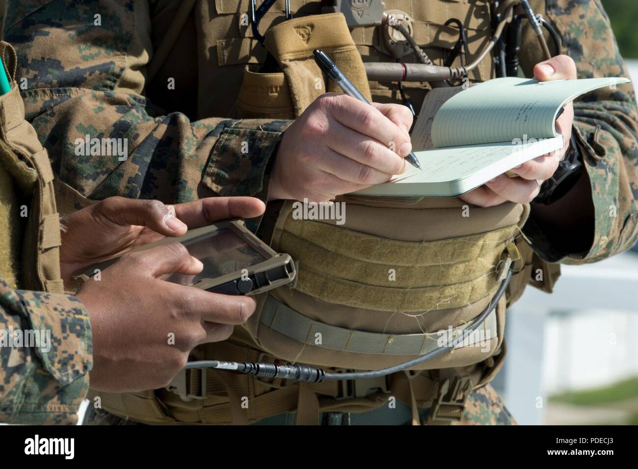 Les Marines américains avec la Force de rotation de la mer Noire (BSRF) 18.1 coordonner avec les pilotes roumains à partir de 861 e Escadron de chasse de mener Close Air Support théorique (CAS) à bord de la Base Aérienne de Mihail Kogalniceanu, Roumanie, 15 mai, 2018. Marines BSRF de maintenir des relations avec nos alliés et partenaires grâce à une variété d'activités de formation, d'inclure la coordination du CAS. Banque D'Images