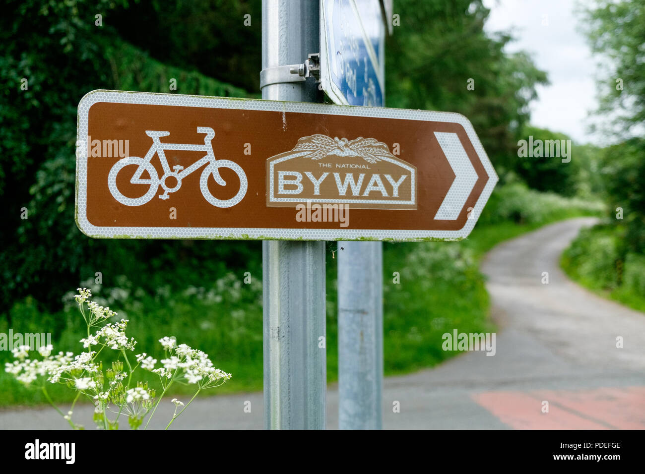 Un signe pointant dans la direction de l'Byway, Patrimoine National un itinéraire cyclable en Angleterre. Banque D'Images
