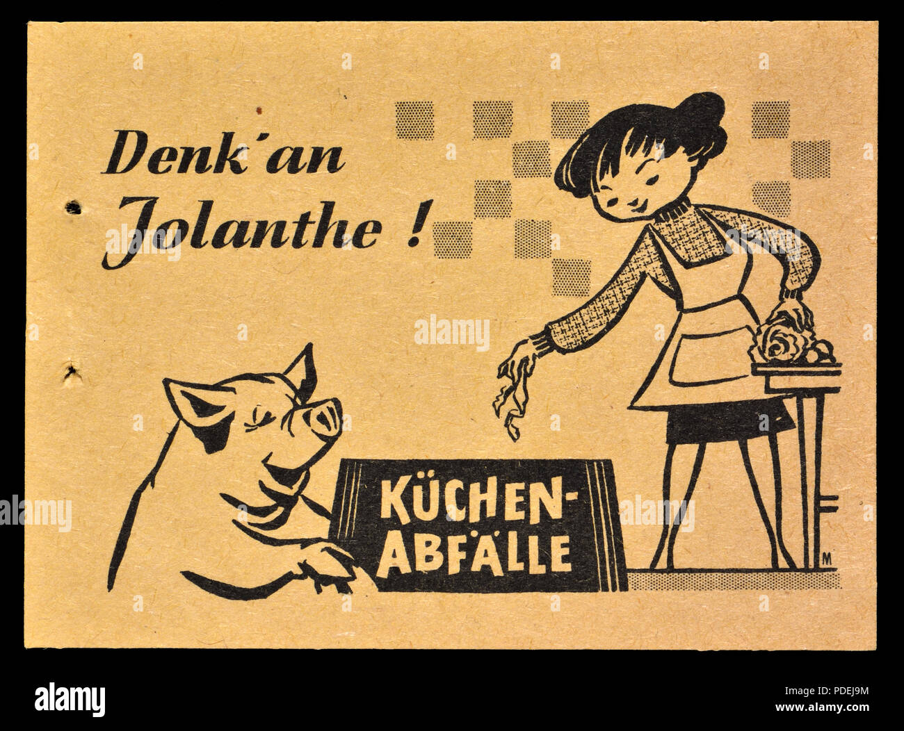 L'allemand annonce à partir d'un timbre est-allemand des années 1950 livre : le recyclage des déchets de cuisine 'Denk' une Jolanthe' Pensez à Jolanthe (le cochon, probablement) Banque D'Images