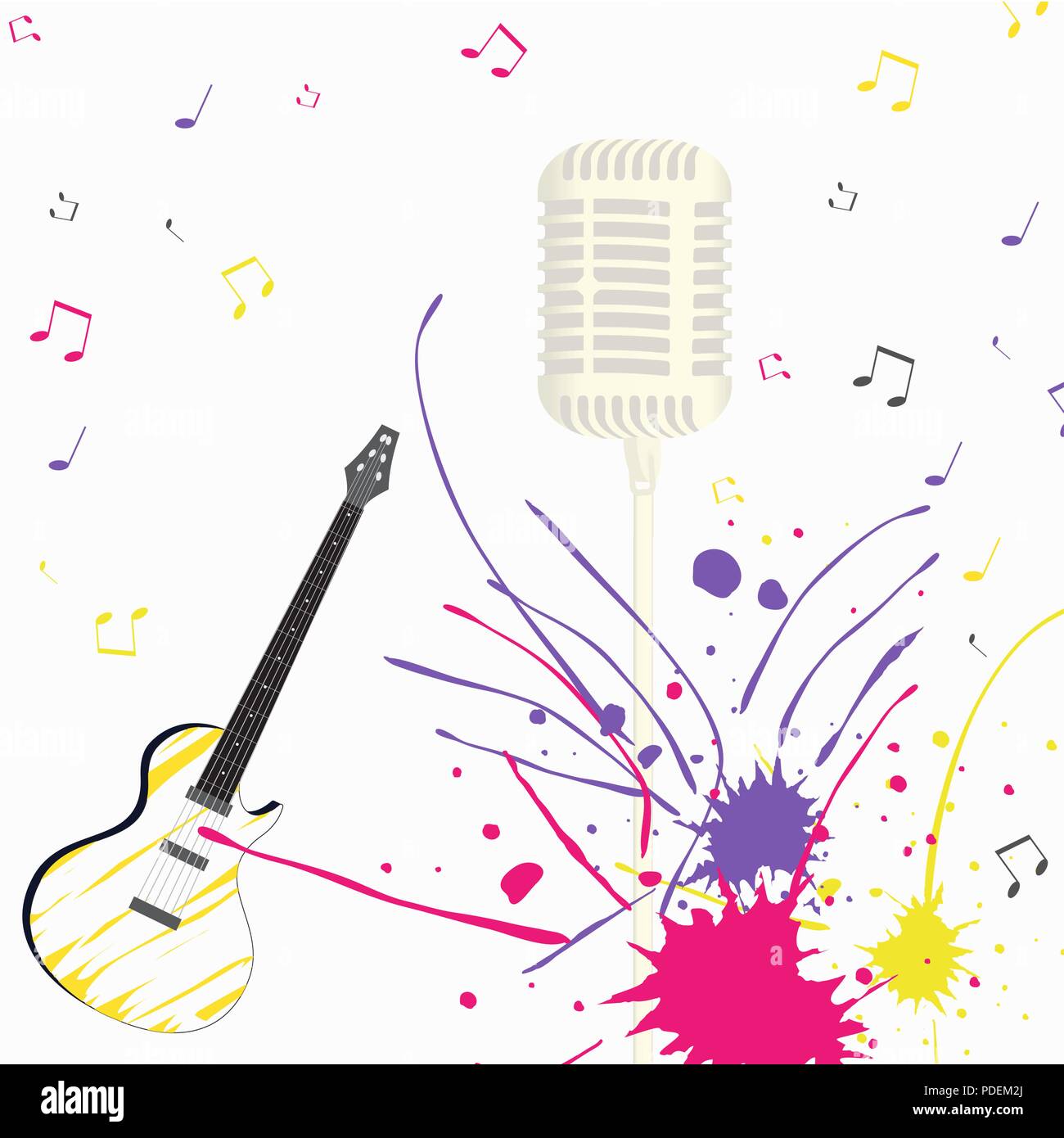 Guitare chant musique avec microphone sur un fond de peintures multicolores et notes Illustration de Vecteur