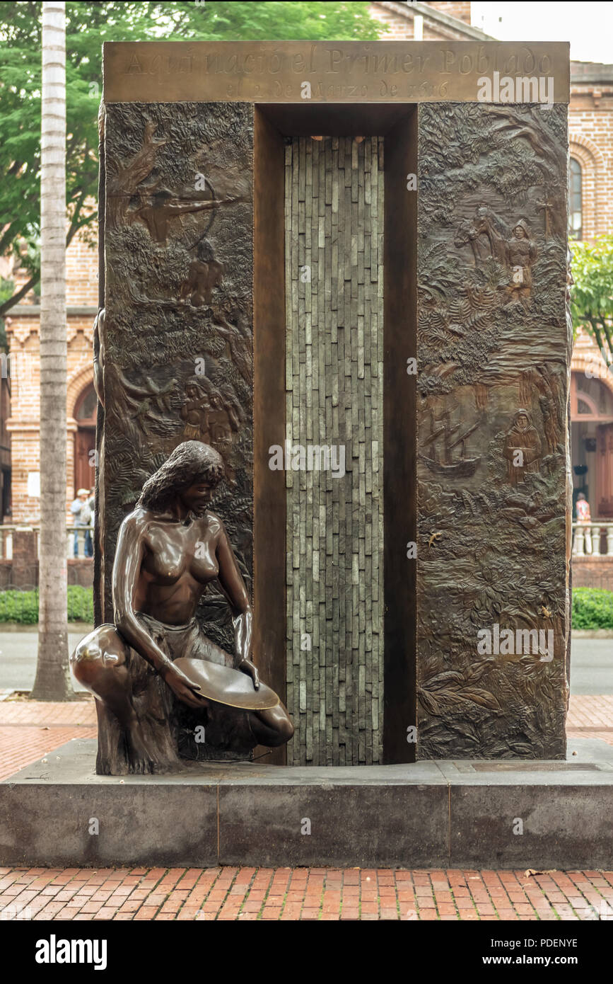 Medellin, Colombie, Poblado - 27 mars 2018 : monument pour commémorer la première village fondé en 1616, dans Poblado Medellin, Colombie. Banque D'Images