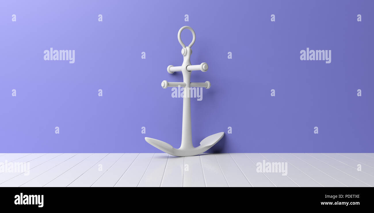 Concept marin. Ancre bateau blanc isolé sur un plancher en bois blanc, bleu wall background. 3d illustration Banque D'Images