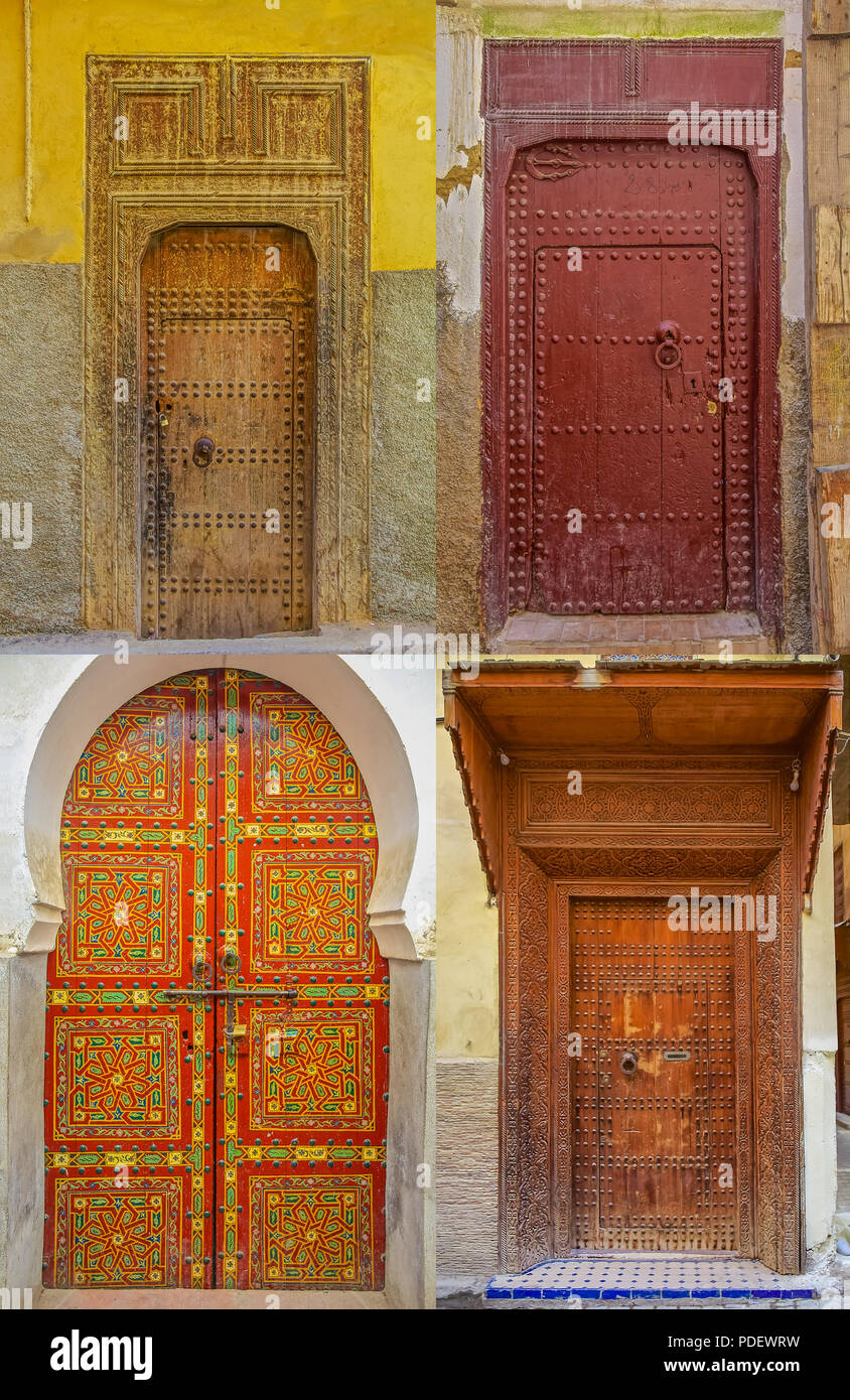 Collage de vieux bois traditionnels finement sculptée et portes marocaines cloutés Banque D'Images