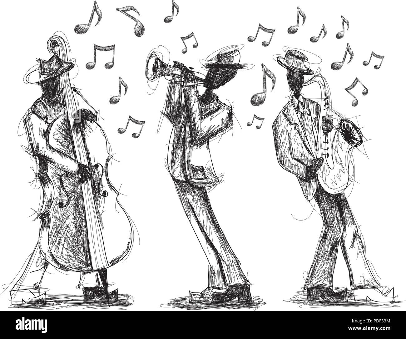 Jazz Band doodles. Jazz Band dessiné à la main avec un trompettiste, bassiste,et le saxophoniste Illustration de Vecteur