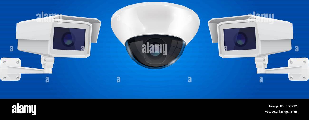 Caméra de sécurité définie. Mur et plafond système de surveillance CCTV sur fond bleu Illustration de Vecteur