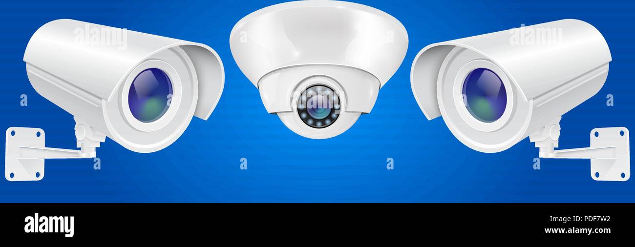 Caméra de sécurité définie. Mur et plafond système de surveillance CCTV sur fond bleu Illustration de Vecteur