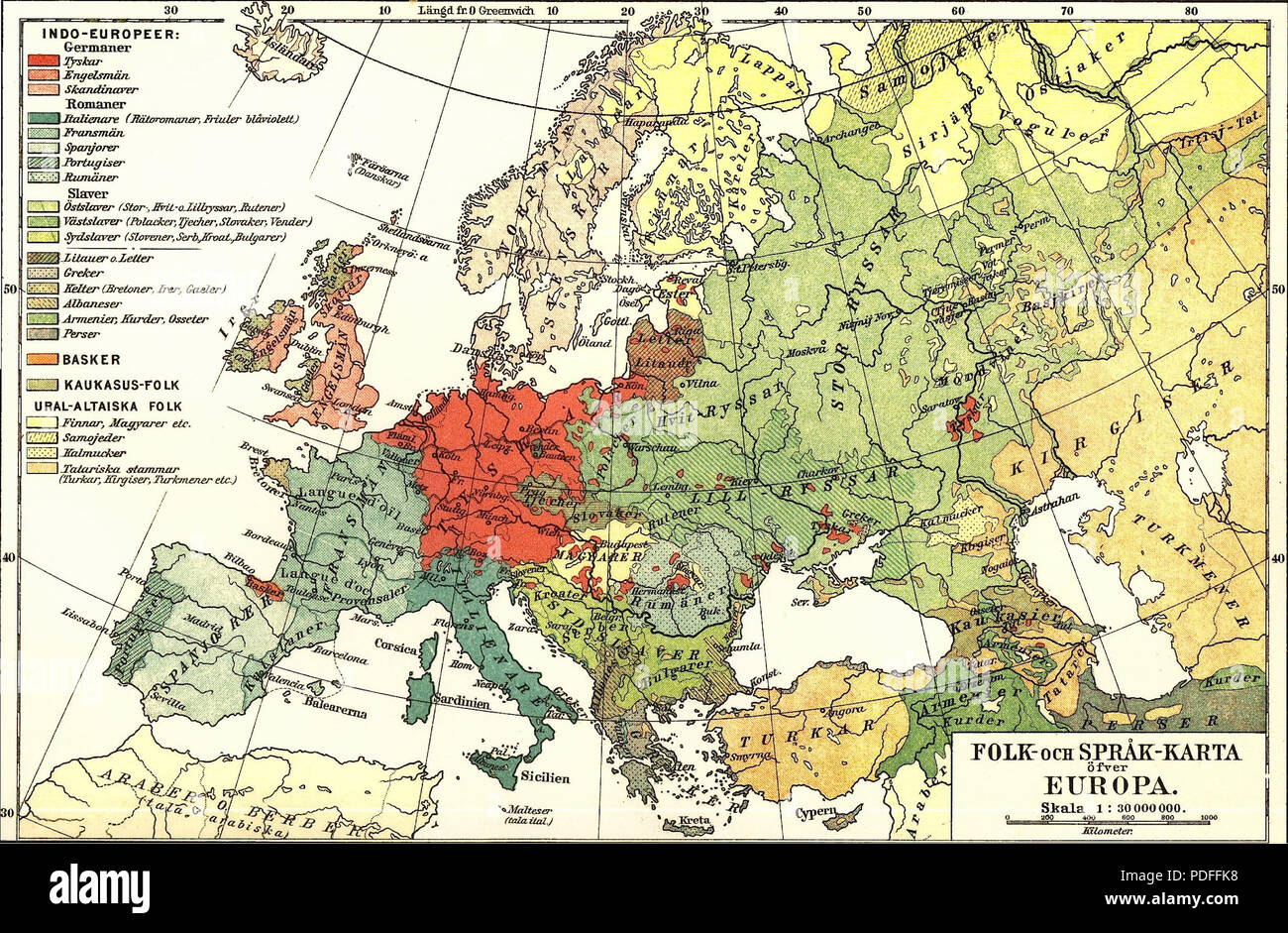 Carte linguistique de l'Europe 125 1907 Banque D'Images