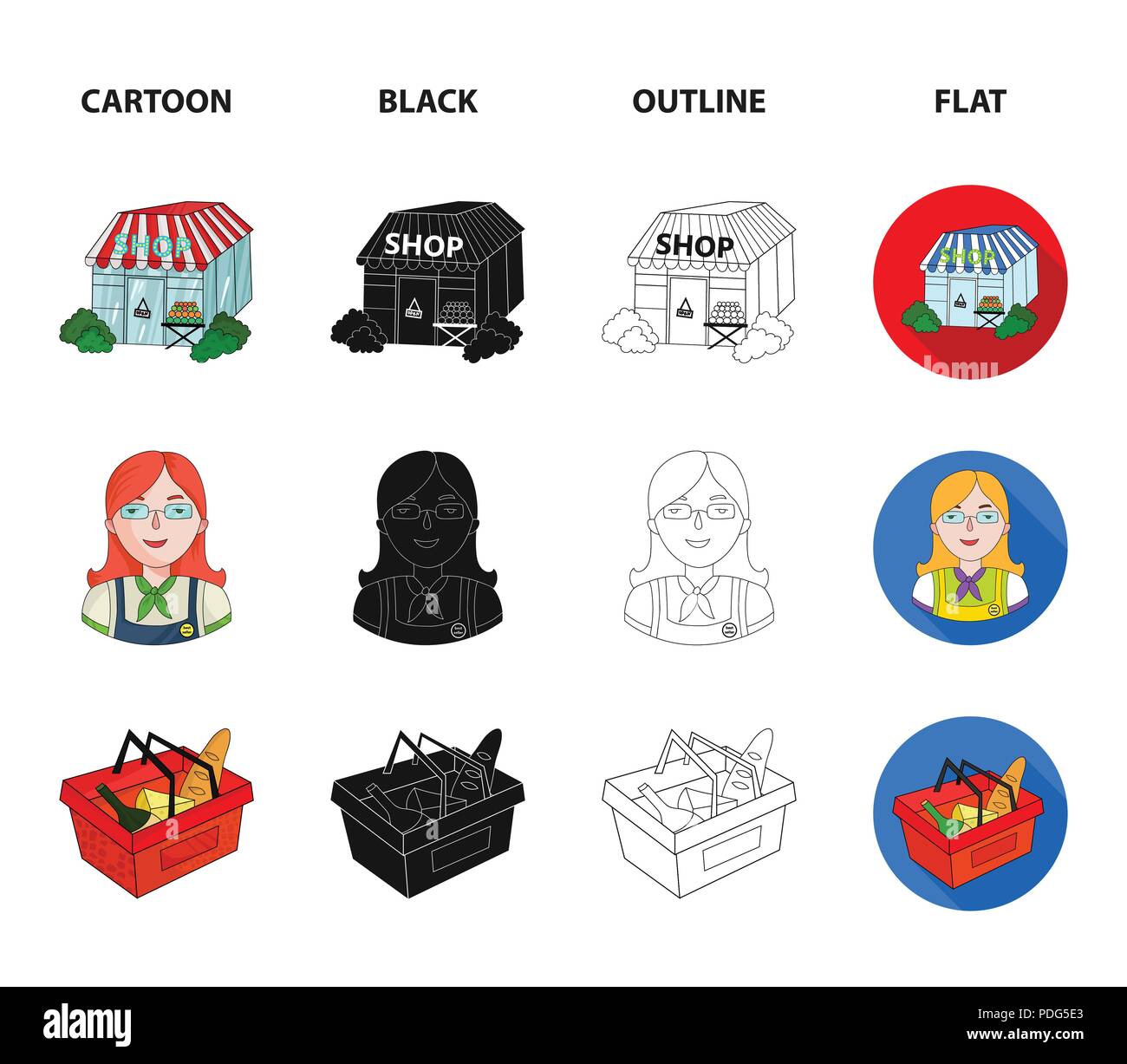 Vendeur, femme, panier, .plastique set de supermarché en icônes collection cartoon,Black,télévision,contour symbole style vector illustration stock Illustration de Vecteur