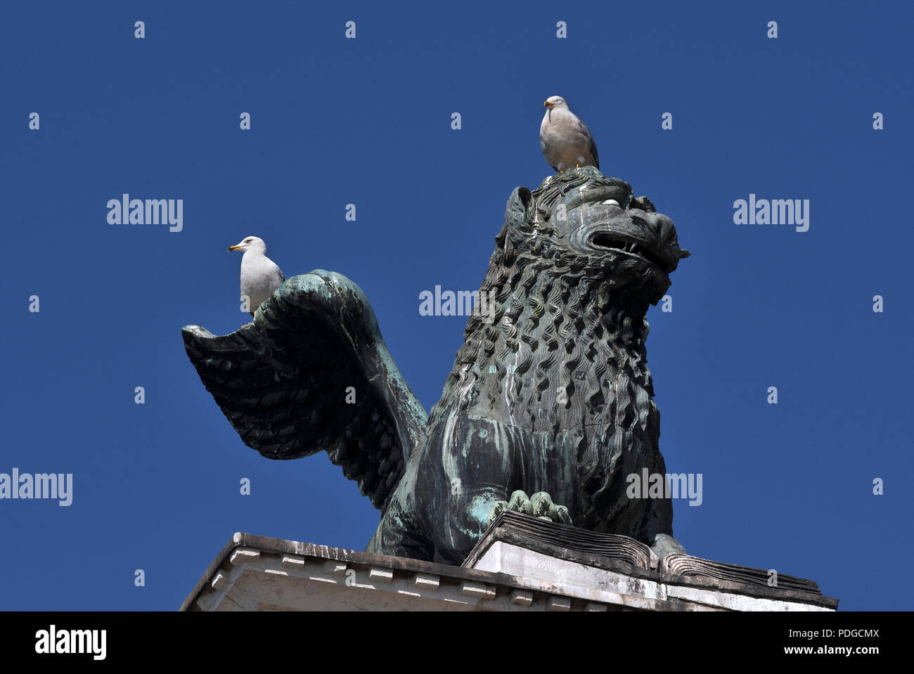 Statue de lion ailé;en haut de colonne;la place Saint Marc Venise;;Italie Banque D'Images