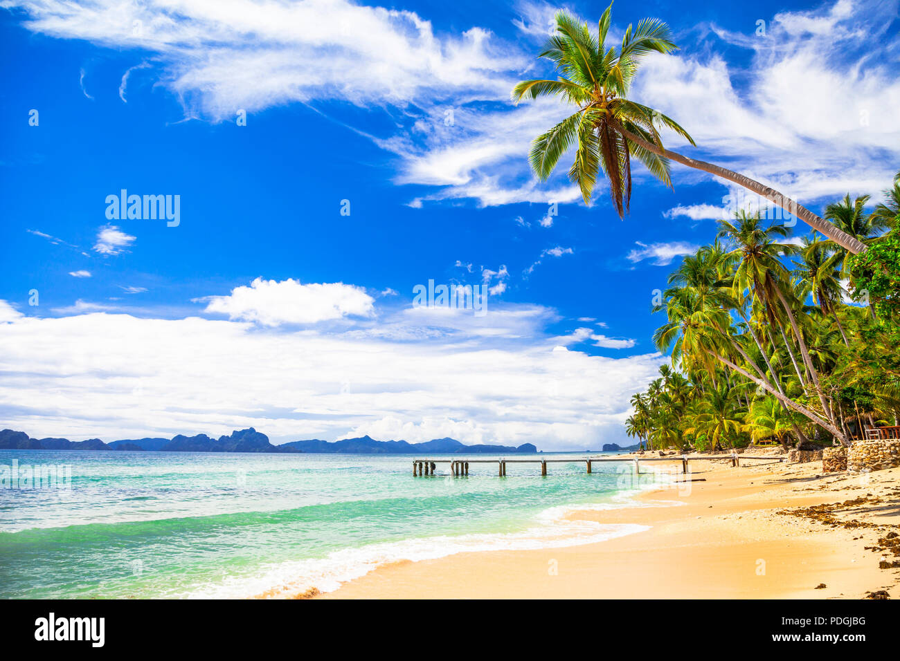 Belle plage de l'île de Palawan, voir avec des palmiers, du sable et de la mer,Philippines. Banque D'Images