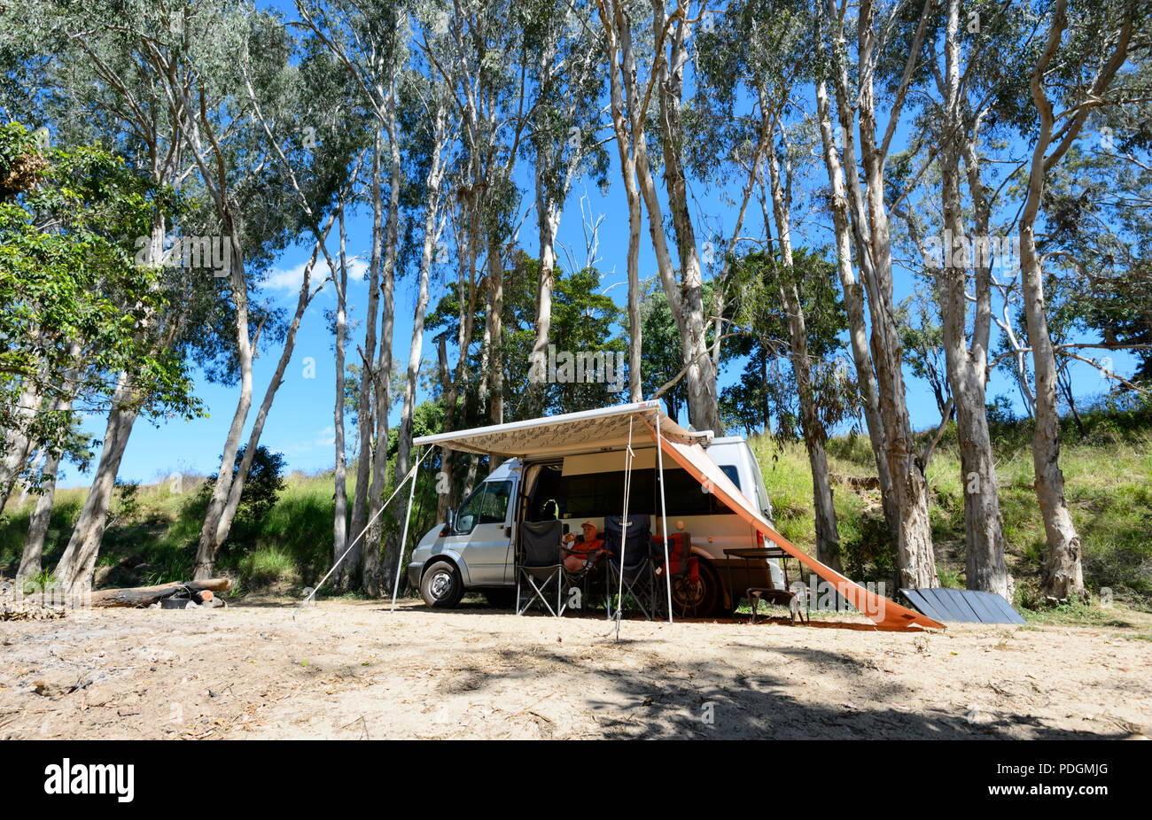 Dans un camping-car Ford Transit camping ombragé par les arbres paperbark, Biboohra, Far North Queensland, Queensland, Australie, FNQ Banque D'Images