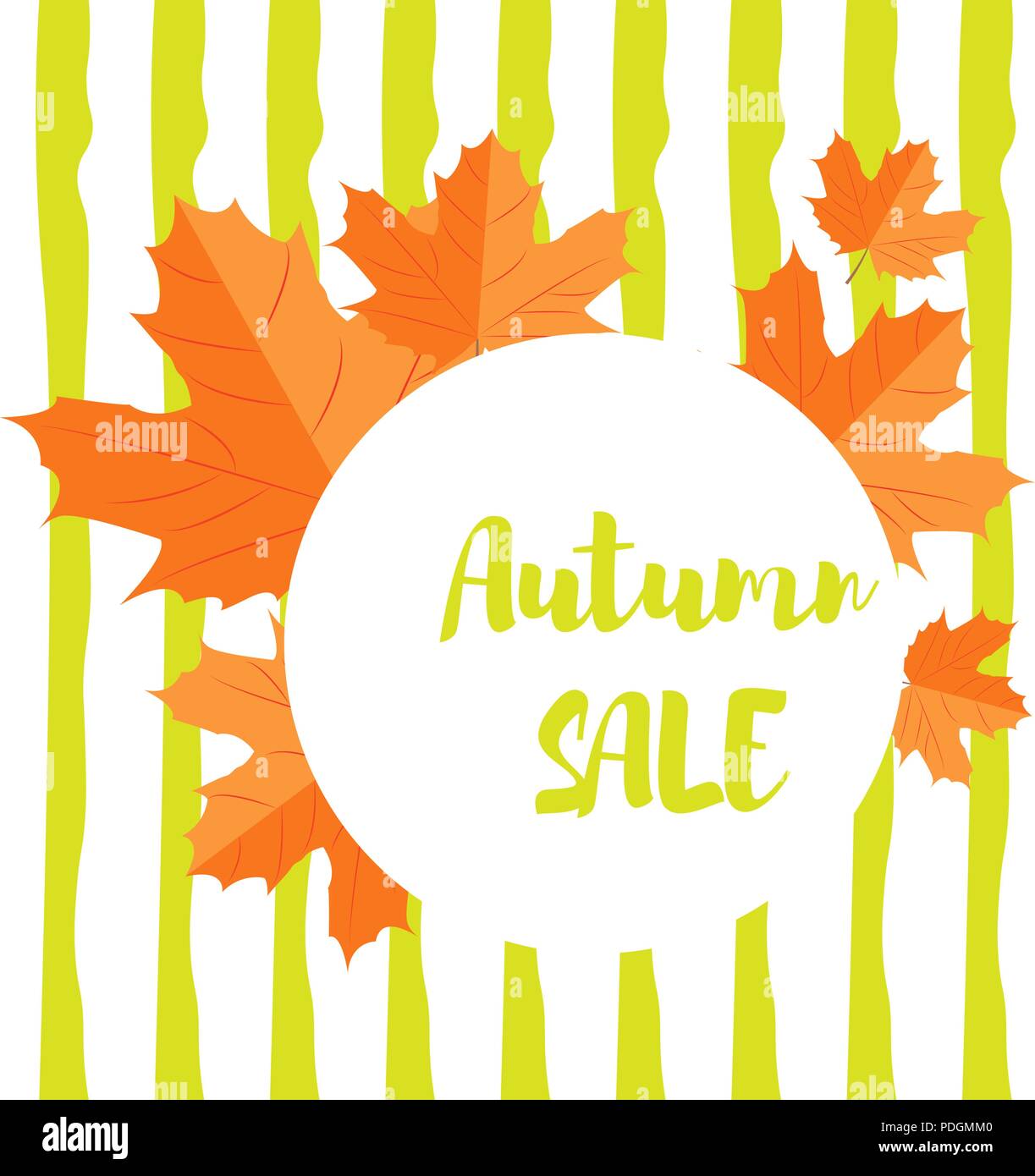 Vector illustration. Ensemble d'automne feuilles jaunes et emblème ronde avec texte automne vente avec fond de lignes horizontales Illustration de Vecteur