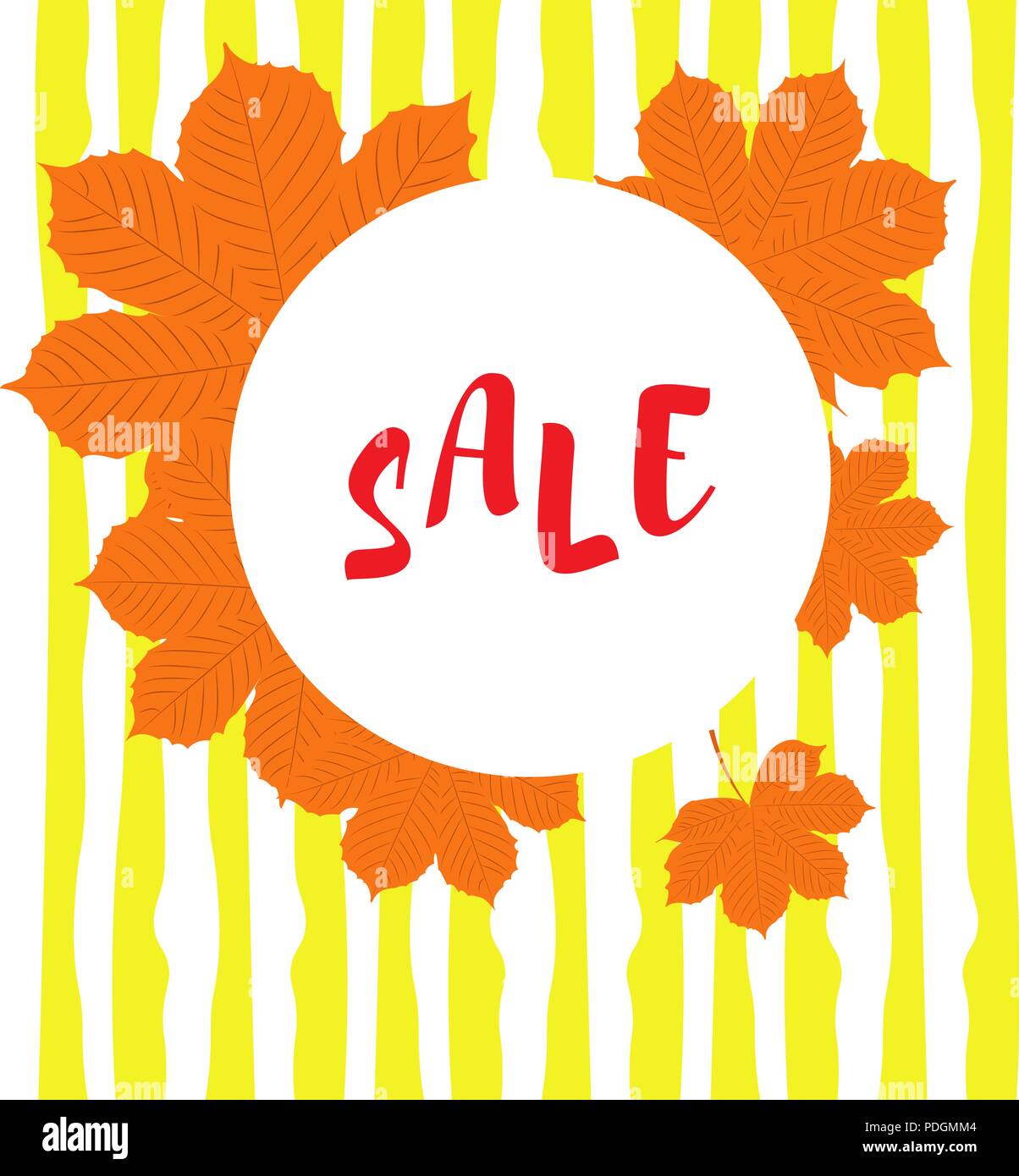 Vector illustration. Ensemble d'automne feuilles jaunes et emblème ronde avec texte automne vente avec fond de lignes horizontales Illustration de Vecteur