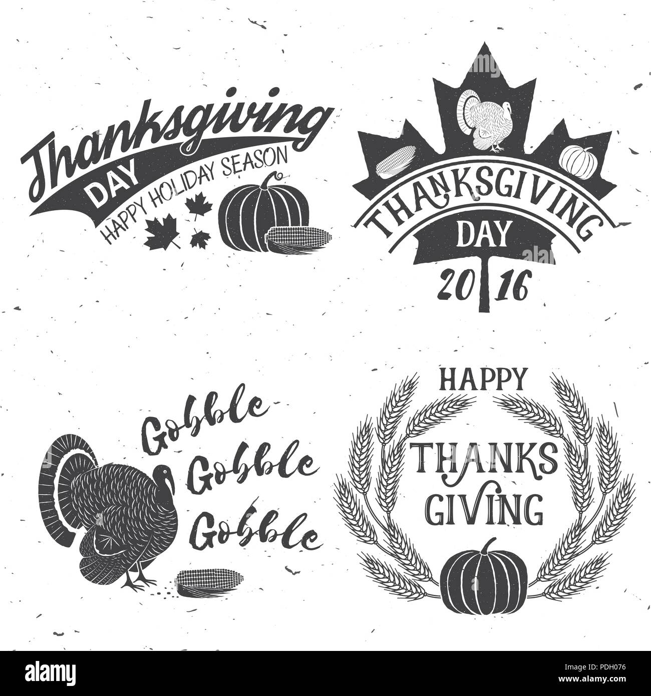 Joyeux Thanksgiving. Joyeux temps des fêtes. Vector retro grâce insigne. Concept pour chemise ou logo, print, stamp, patch. Le maïs, la citrouille et les raisins . Illustration de Vecteur