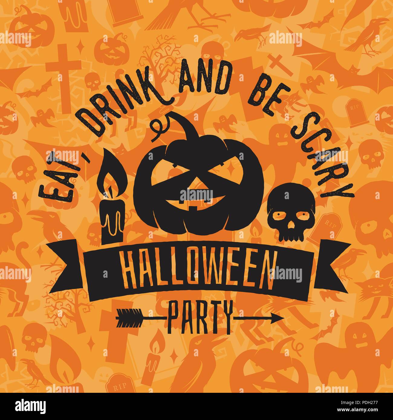 Manger, boire et être effrayant. Halloween night party concept. Vector retro Halloween badge. Concept pour chemise, logo, print, sceau ou cachet. Citrouille, bougie, Illustration de Vecteur