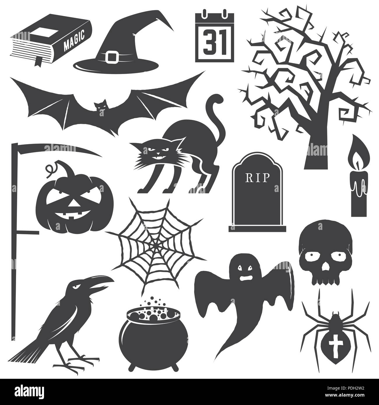 Icône vintage Halloween, de l'emblème ou l'étiquette. Vector illustration. Jeu Halloween : chat, citrouille, chauve-souris, Crow, crâne, arbre, bougie, ghost, spider, magic Illustration de Vecteur