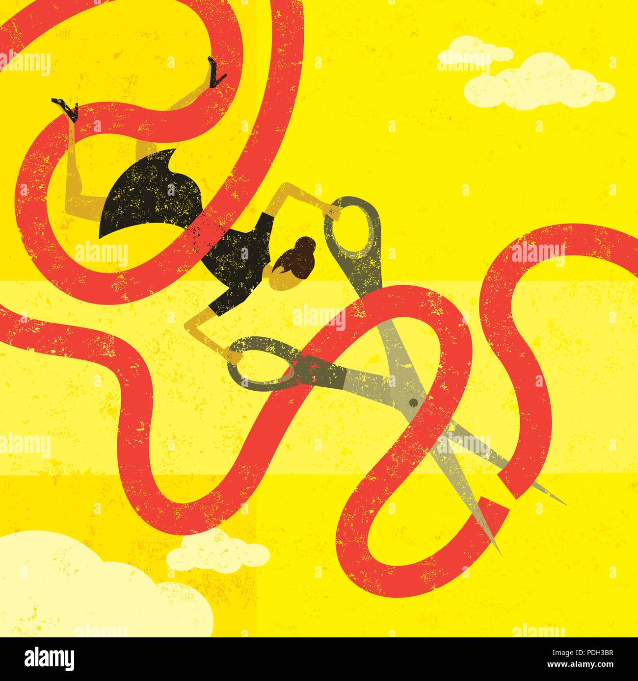 La réduction de la paperasse. Une femme prise dans la bureaucratie est coupant à travers elle avec de grands ciseaux. Illustration de Vecteur