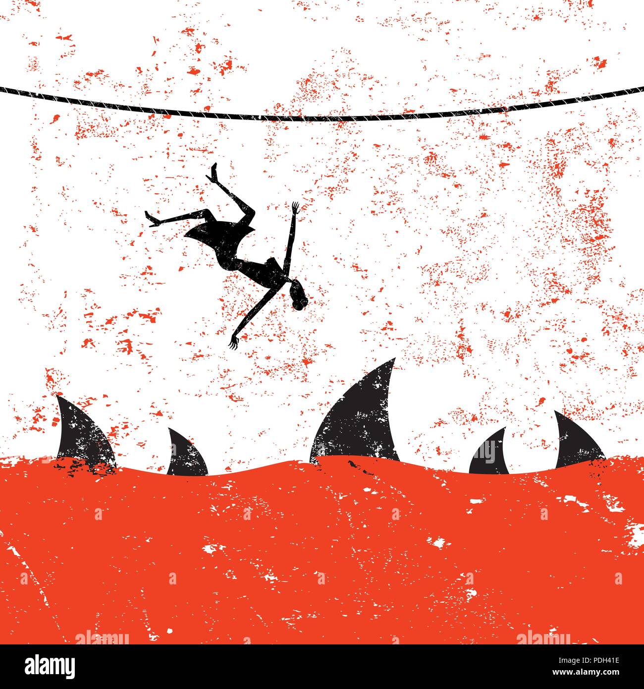 La chute d'un funambule. Une femme rétro la chute d'un funambule dans les eaux infestées de requins. Illustration de Vecteur