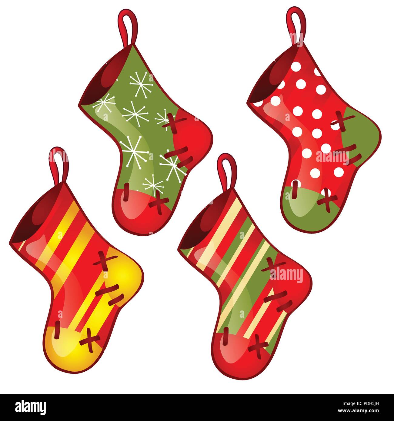 Ensemble de couleur suspendus sock rouges et vertes isolé sur fond blanc. Esquisse pour carte de vœux, de l'affiche de fête, invitations de partie.Les attributs de Noël et Nouvel an. Vector illustration Illustration de Vecteur