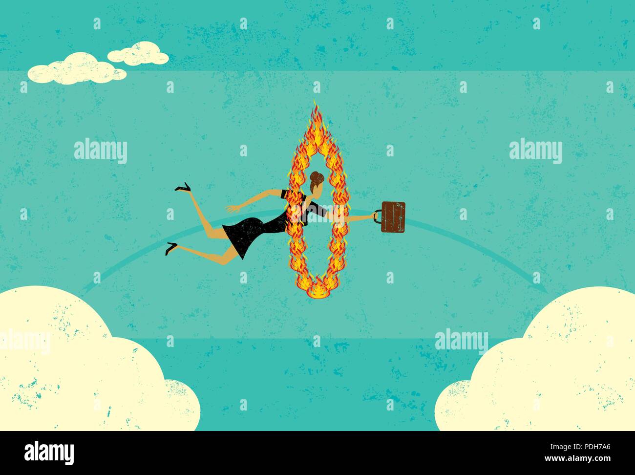 Passer de A à B. UNE businesswoman jumping à travers un cerceau de feu et se rendant compte qu'il est parfois difficile d'avoir de A à B. Illustration de Vecteur