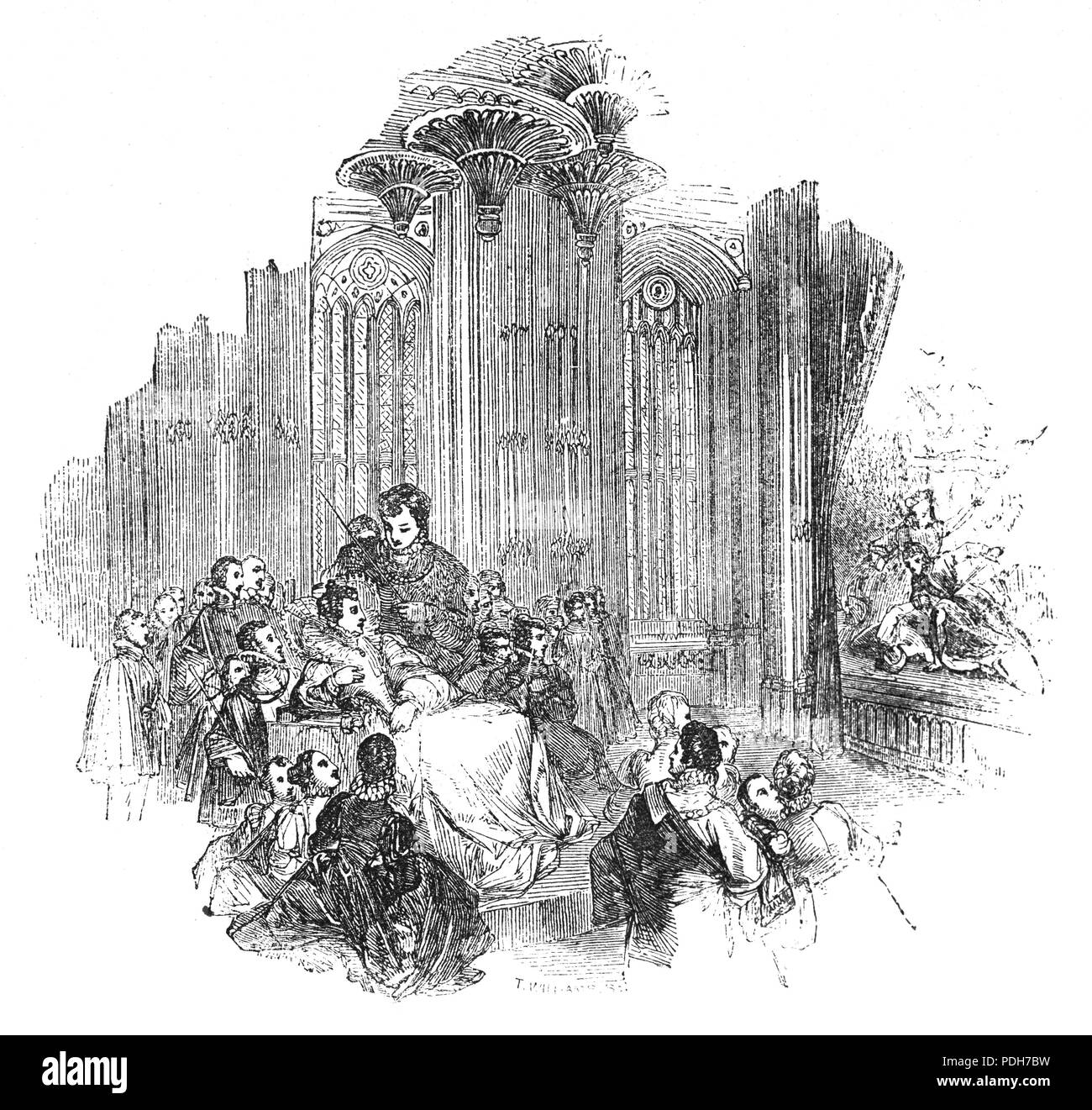 La reine Elizabeth I regarder les malheurs d'Arthur, un jouer par le 16e siècle dramaturge anglais Thomas Hughes. Écrit en 1587, il a été exécuté à Greenwich devant la Reine le 28 février 1588. Le jeu est basé sur la légende arthurienne, plus précisément l'histoire de la trahison de Mordred et la mort du Roi Arthur dans Geoffroy de Monmouth, Historia regum Britanniae. Banque D'Images