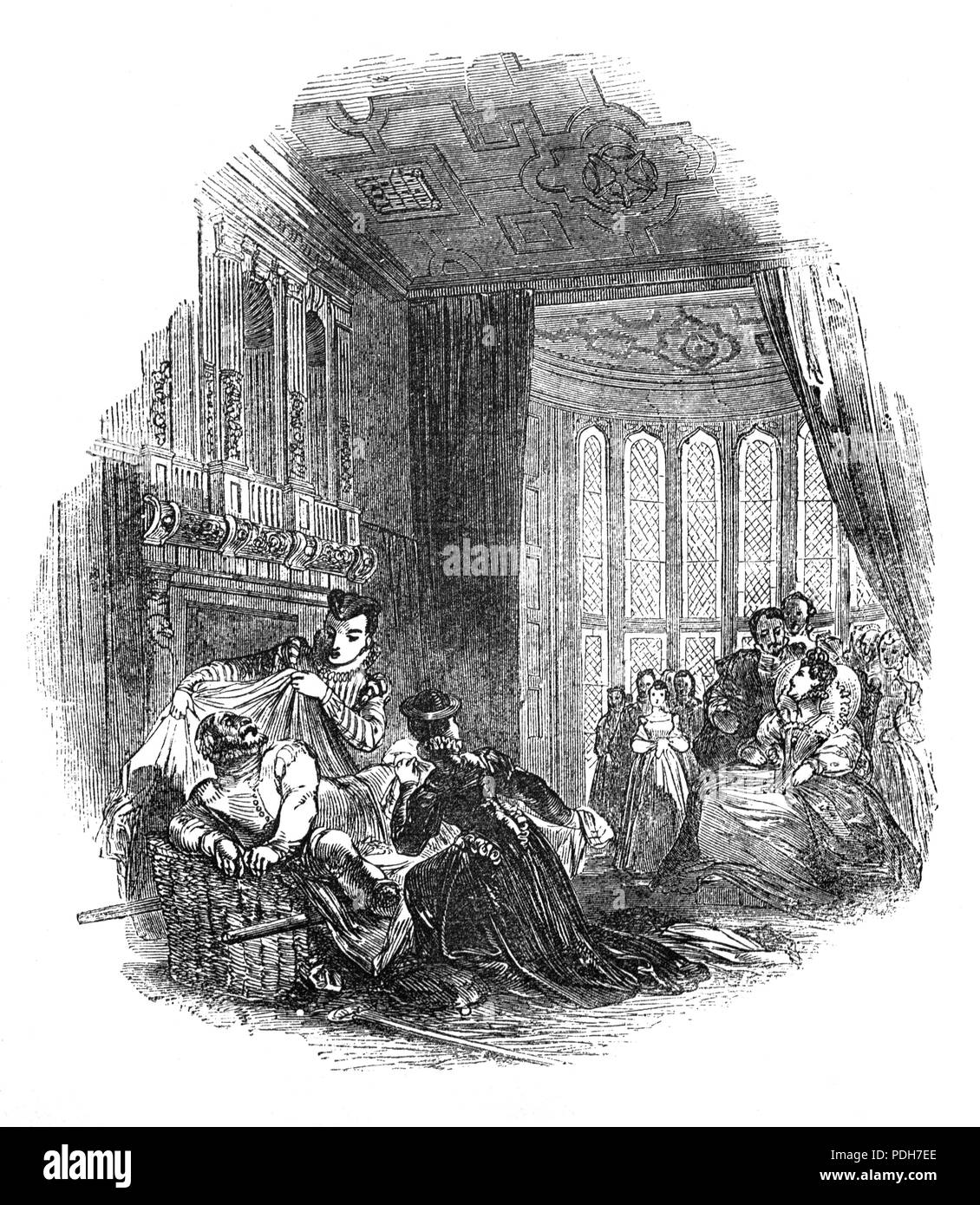 La reine Elizabeth I regardant une production de Les Joyeuses Commères de Windsor, une comédie de William Shakespeare d'abord publié en 1602, bien que l'on croit avoir été écrit en 1597 ou avant. Le Windsor de la pièce titre est une référence à la ville de Windsor, également l'emplacement du château de Windsor, dans le Berkshire, en Angleterre. Bien que nominalement fixé sous le règne de Henri IV, le jeu ne fait pas semblant d'exister en dehors de l'ère élisabéthaine anglais contemporain de la vie de la classe moyenne. Le jeu a probablement été effectuée lorsque j'ai assisté à Elizabeth Garter fête le 23 avril 1597. Banque D'Images