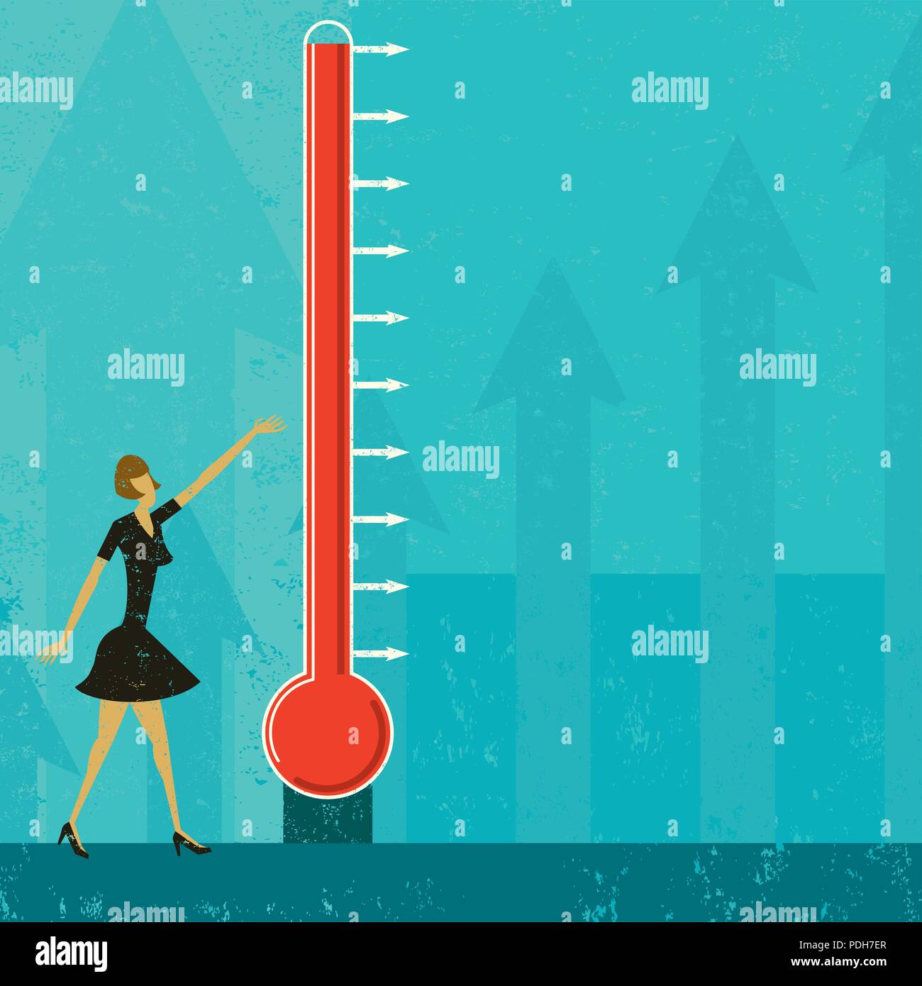 Objectif du thermomètre. Une femme mesurant les progrès d'un thermomètre. Illustration de Vecteur