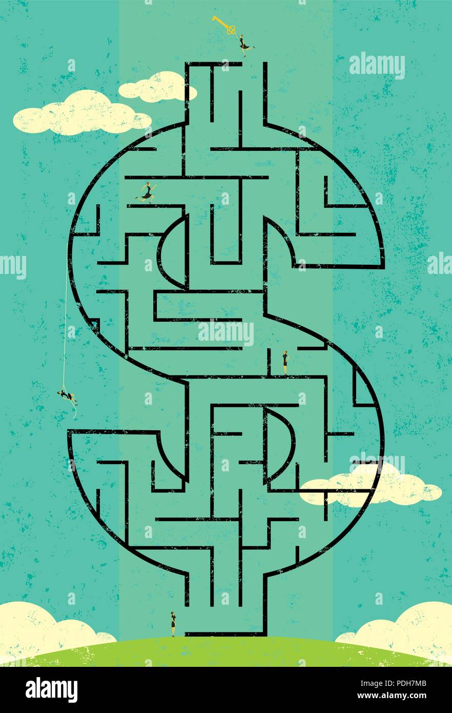 La clé de la richesse du labyrinthe. Businesswomen à la "clé de la richesse dans un labyrinthe de symboles du dollar. Illustration de Vecteur