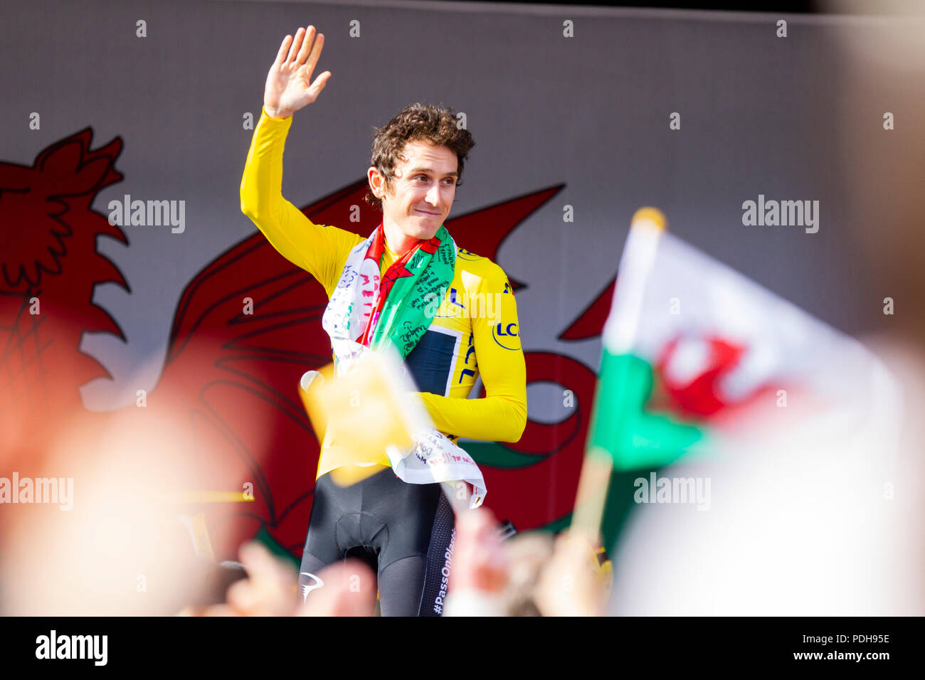 Cardiff, Wales, UK. 9 août 2018. Geraint Thomas à l'extérieur le château de Cardiff lors de célébrations des retrouvailles pour le Tour de France 2018 gagnant. Credit : Mark Hawkins/Alamy Live News Banque D'Images