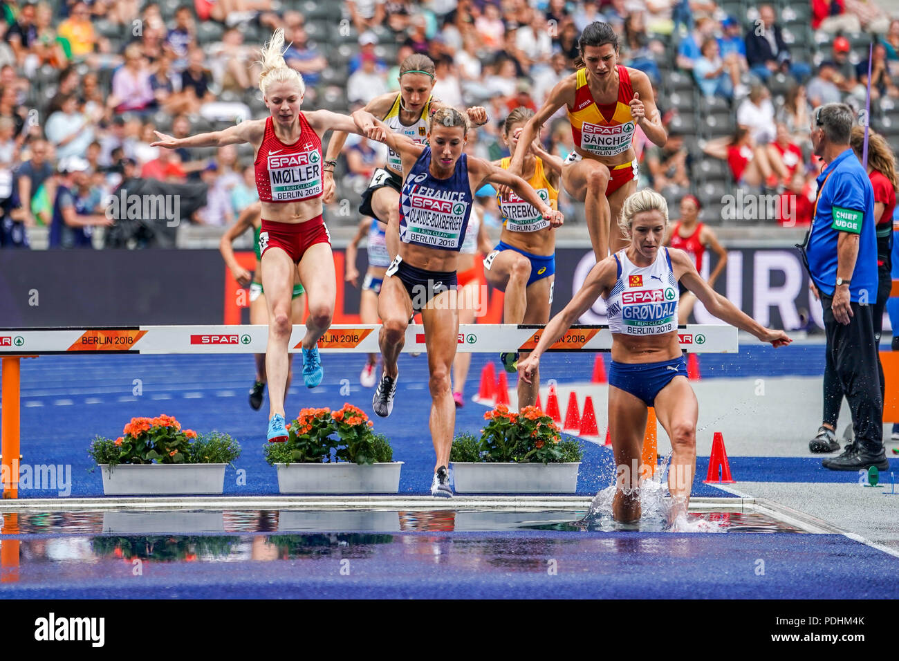 9 août 2018 : Anna Emilie MÃ'ller de Â le Danemark au cours de 3000 mètres steeple pour les femmes au Stade Olympique, à Berlin, à l'European Athletics Championship. Ulrik Pedersen/CSM Banque D'Images
