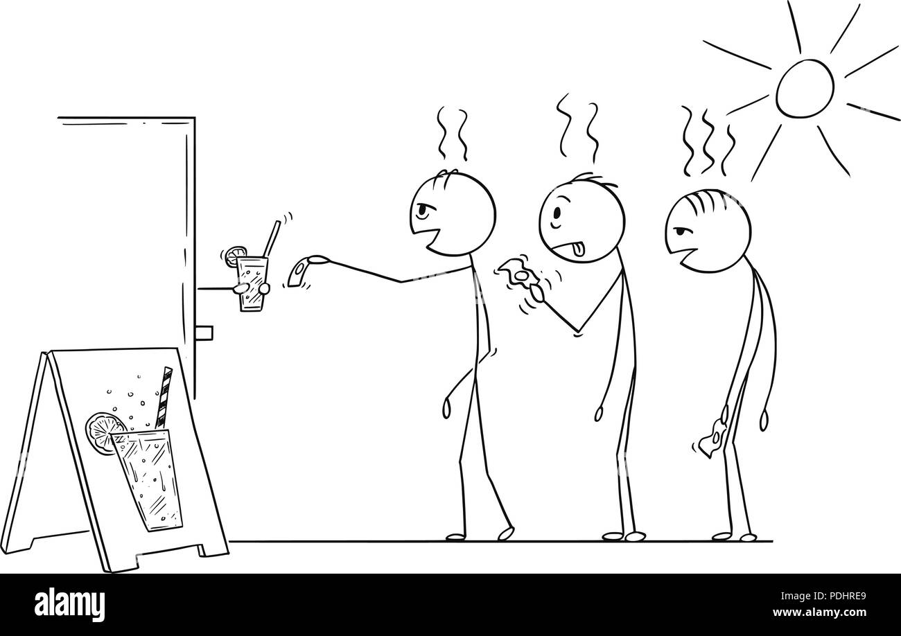 Caricature de trois hommes exténués attendent en été chaud dans la file d'attente pour acheter Soda, d'eau ou de la limonade Illustration de Vecteur