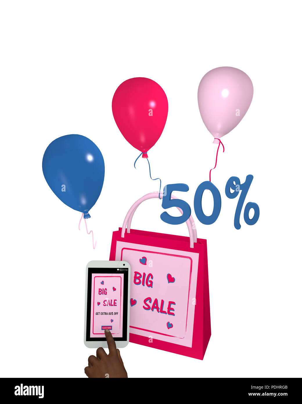 Sac shopping rose avec des ballons, un téléphone mobile avec la vente de 50  % de la publicité et un doigt appuyant sur un bouton. Le rendu 3D Banque D'Images Sac shopping rose avec des ballons, un téléphone mobile avec la vente de 50  % de la publicité et un doigt appuyant sur un bouton. Le rendu 3D Banque D'Images
