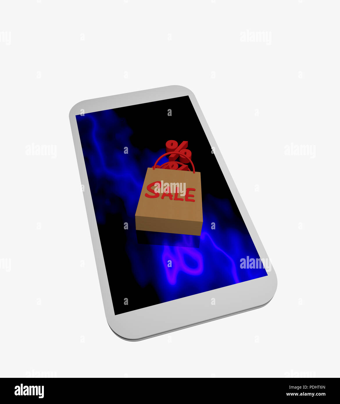 Téléphone mobile sur l'écran bleu est un panier renversé avec le texte, la vente de l'automne le signe de pourcentage. Vue de dessus le rendu 3D Banque D'Images Téléphone mobile sur l'écran bleu est un panier renversé avec le texte, la vente de l'automne le signe de pourcentage. Vue de dessus le rendu 3D Banque D'Images