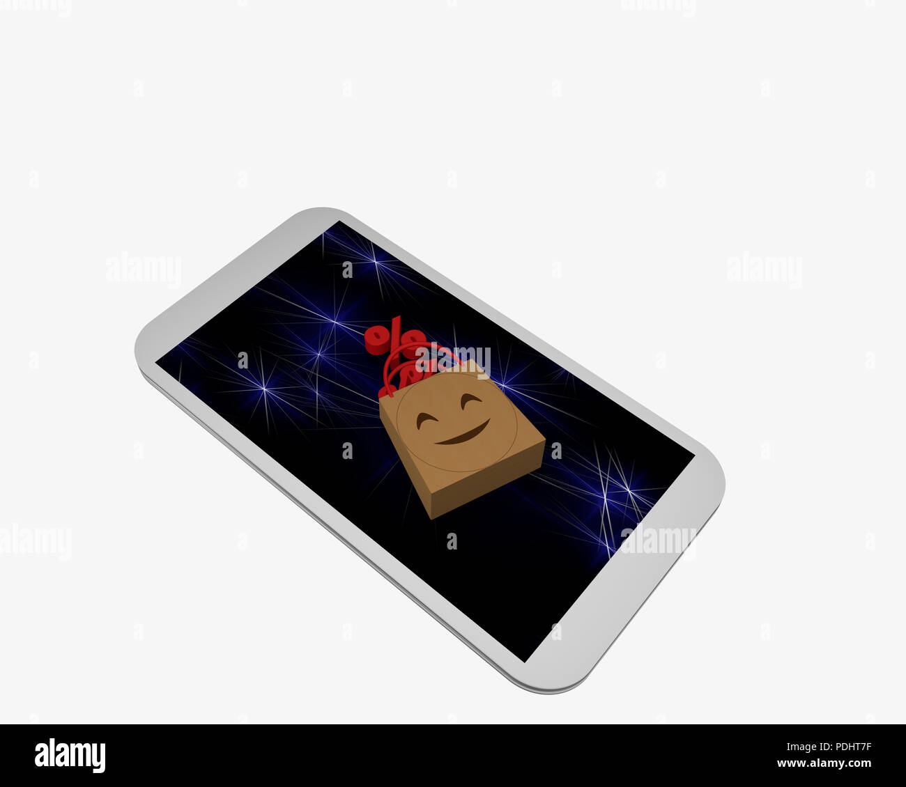 Téléphone mobile sur l'écran est un panier renversé avec un visage riant à partir de laquelle le signe de pourcentage de l'automne. Vue de dessus le rendu 3D Banque D'Images Téléphone mobile sur l'écran est un panier renversé avec un visage riant à partir de laquelle le signe de pourcentage de l'automne. Vue de dessus le rendu 3D Banque D'Images