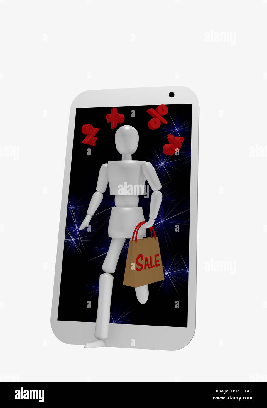 Une marionnette, avec le signe de pourcentage, sort de l'écran d'un téléphone cellulaire. Dans sa main elle tient un sac d'épicerie sur la vente. Le rendu 3D Banque D'Images