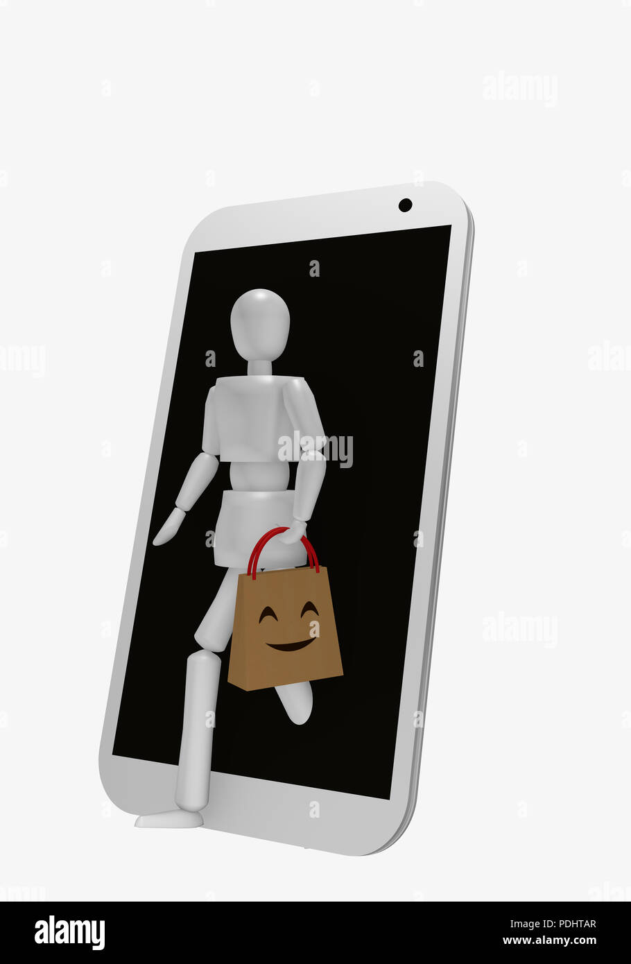 Une marionnette qui sort de l'écran d'un cellulaire. Dans sa main elle tient un sac d'épicerie avec un visage riant sur elle. Le rendu 3D Banque D'Images Une marionnette qui sort de l'écran d'un cellulaire. Dans sa main elle tient un sac d'épicerie avec un visage riant sur elle. Le rendu 3D Banque D'Images