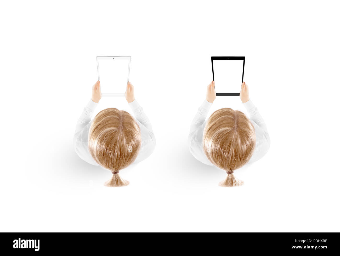 Woman hold tablet pc dans la maquette vue de dessus à la main, isolés ensemble noir et blanc. La maquette du livre électronique mobile holding composée de femmes d'en haut. Moniteur écran tablette vierge. Tampon d'affichage vertical clair brochure. Banque D'Images