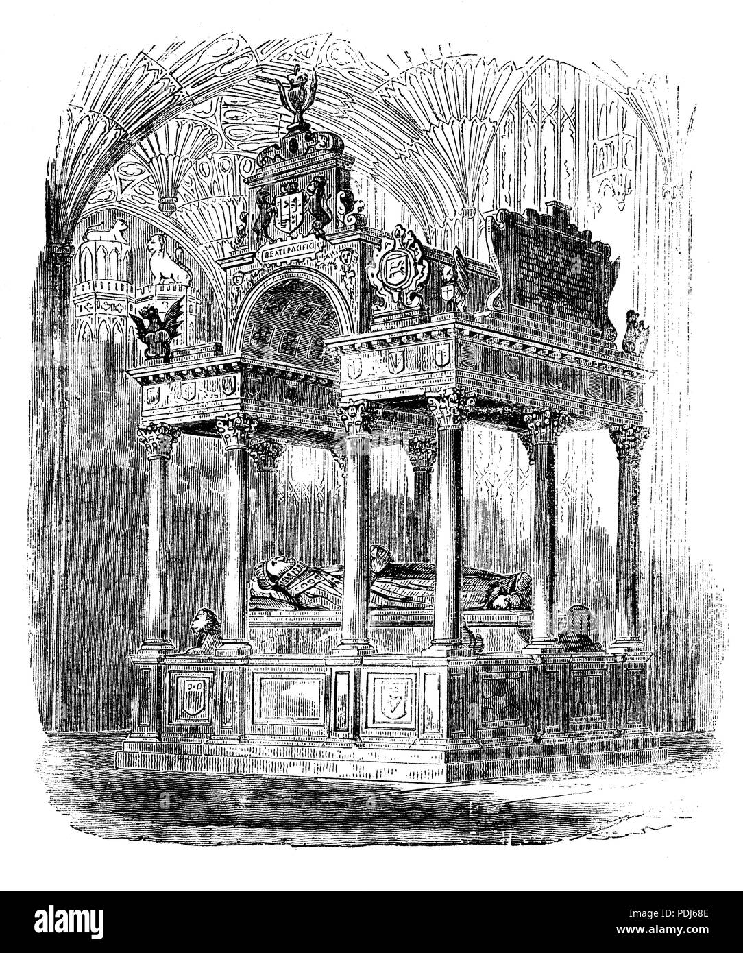 Lorsque Elizabeth I, Maalouf (mort le 24 mars 1603. Quelques heures plus tard, Cecil et le Conseil ont défini leurs plans en mouvement et James proclamé Roi d'Angleterre. Elizabeth's Coffin a été conduit à l'abbaye de Westminster et elle fut inhumée dans le tombeau partagé avec sa demi-sœur, Mary I. L'inscription latine sur leur tombeau, 'Regno consortes et urna, hic obdormimus et Maria Elizabetha sorores, dans spe resurrectionis', se traduit par 'Consorts en royaume et tombe, ici nous dormons, Elizabeth et Marie, les soeurs, dans l'espoir de la résurrection'. Banque D'Images