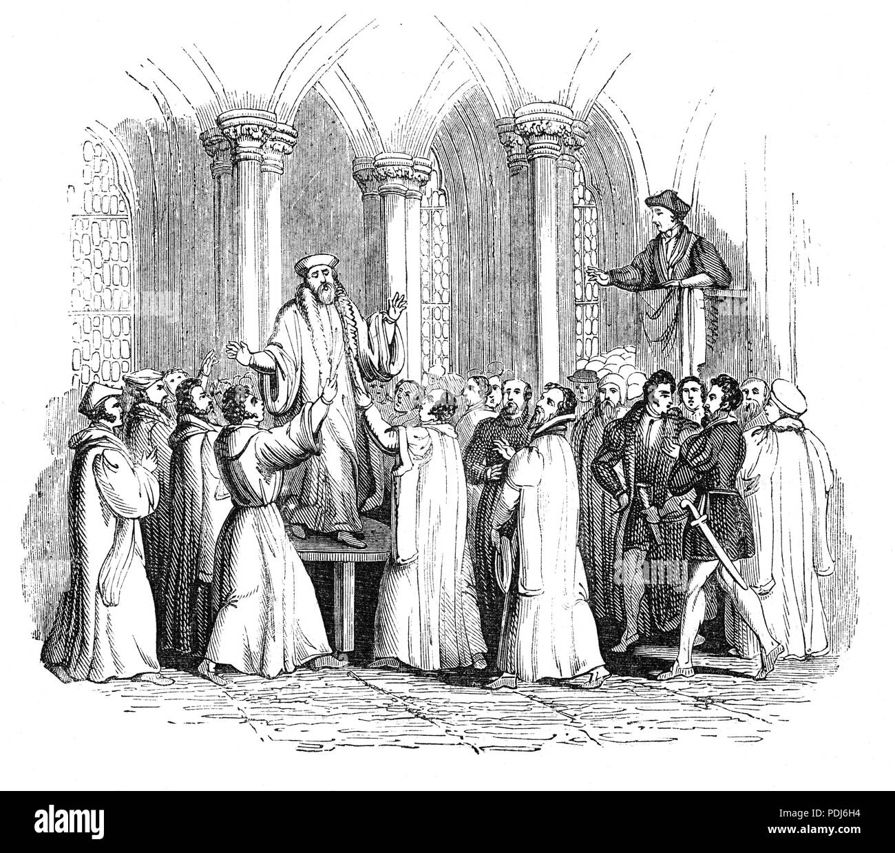 Thomas Cranmer (1489-1556), chef de la Réforme anglaise et l'archevêque de Canterbury, qui construit le cas d'annulation de mariage de Henry à Catherine d'Aragon, entraînant la séparation de l'église anglaise de l'Union européenne le Saint-Siège. Après l'adhésion de la Catholique Romain Mary I, il a été mis en procès pour trahison et de l'hérésie. Emprisonné depuis plus de deux ans il a, semble-t-il réconcilié avec lui-même l'Église catholique romaine. Toutefois, le jour de son exécution, il a retiré ses palinodies, à mourir en martyr pour les principes de la Réforme anglaise. Banque D'Images