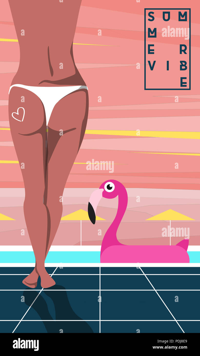 Ambiance d'été. Jeune fille debout à côté de la piscine avec Flamingo. Vector illustration. Banque D'Images
