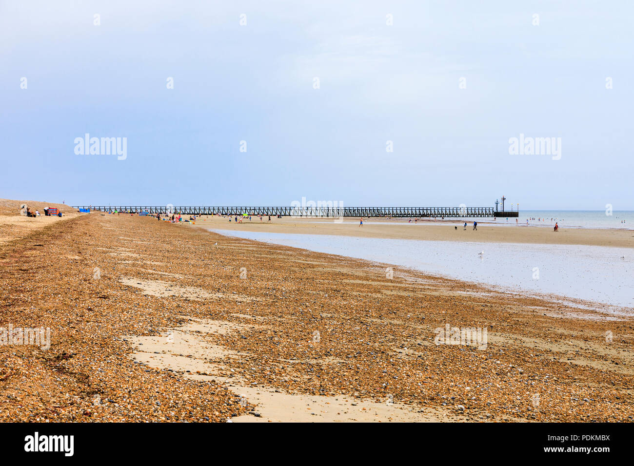 La crête de galets sur le sable à West Beachand épi, Littlehampton, une petite station balnéaire sur la côte sud dans la région de West Sussex, UK en été Banque D'Images