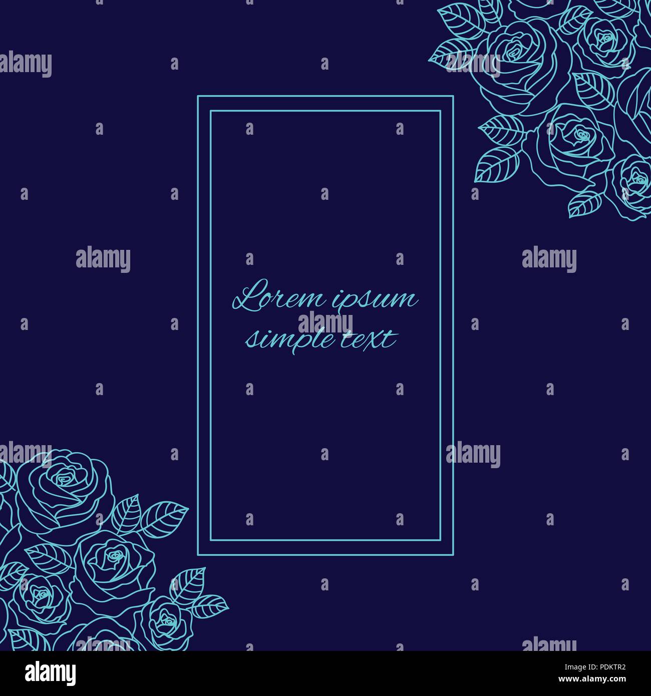 Les invitations de mariage avec contour bleu pâle vecteur et couronne de roses cadre rectangulaire sur le fond bleu marine. Floral design pour carte de vœux, cop Illustration de Vecteur