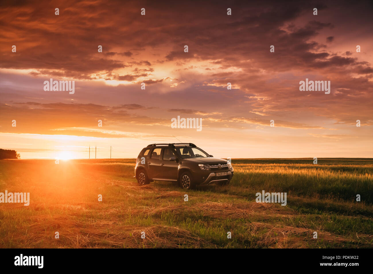Gomel, Bélarus - Juin 22, 2018 : voiture Renault Duster ou Dacia Duster Suv dans la route à travers champs de blé d'été à l'heure du coucher du soleil magnifique. Duster Produit Inscrivez-vous Banque D'Images